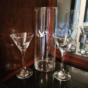 Vintage Grey Goose Glass Stirring Pitcher Carafe & 2 Martini Glasses 11" Tall